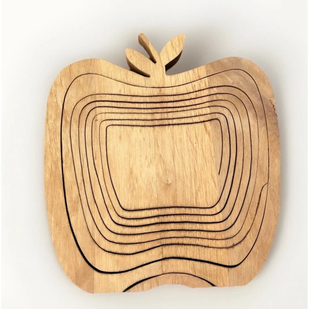Collapsible Wooden Dry Fruit Basket Apple Shaped Kitchen Storage